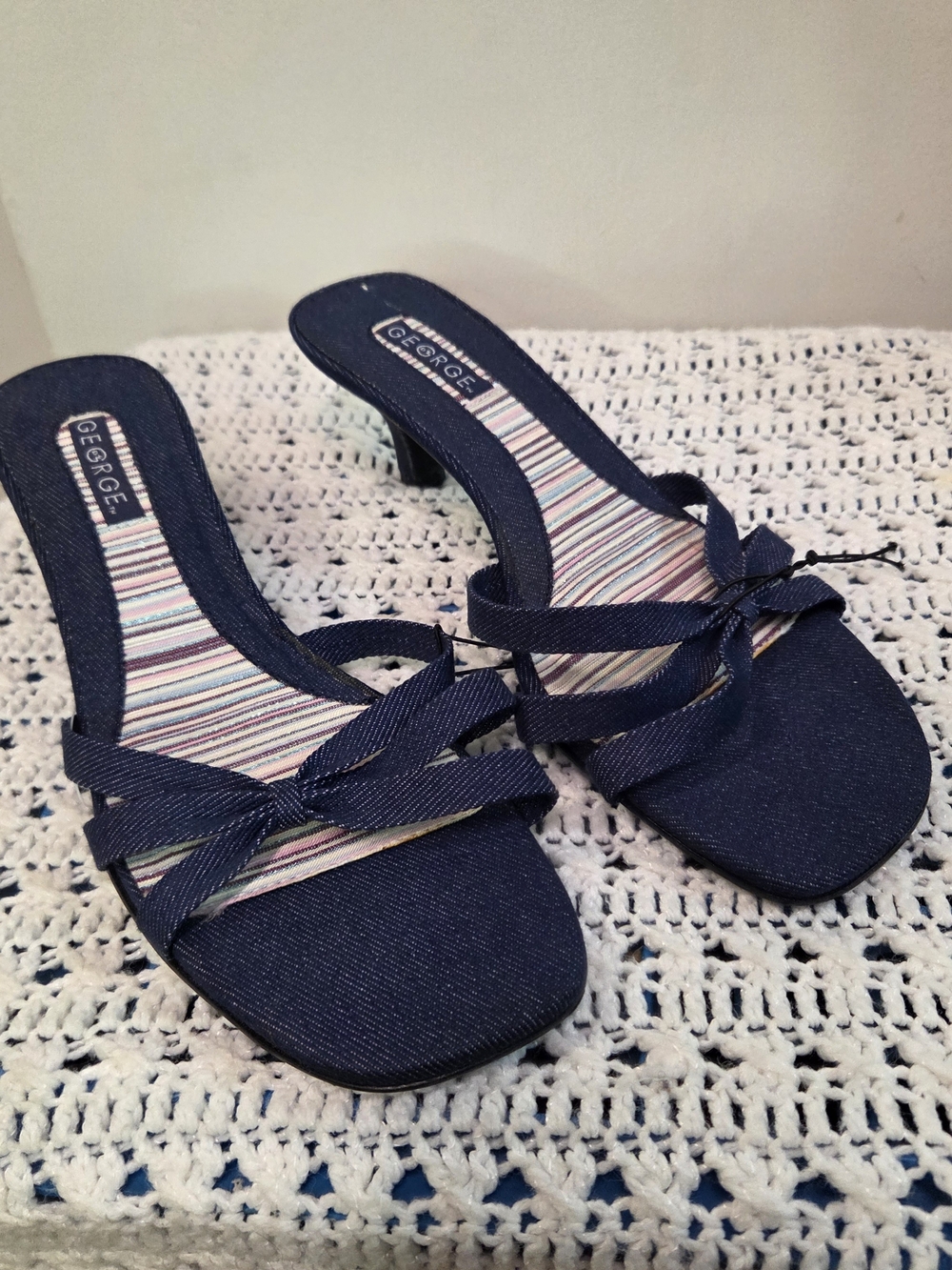 NWOT VTG Y2K George Denim Kitten Heels Square Toe Bow Slide Sandal Mules